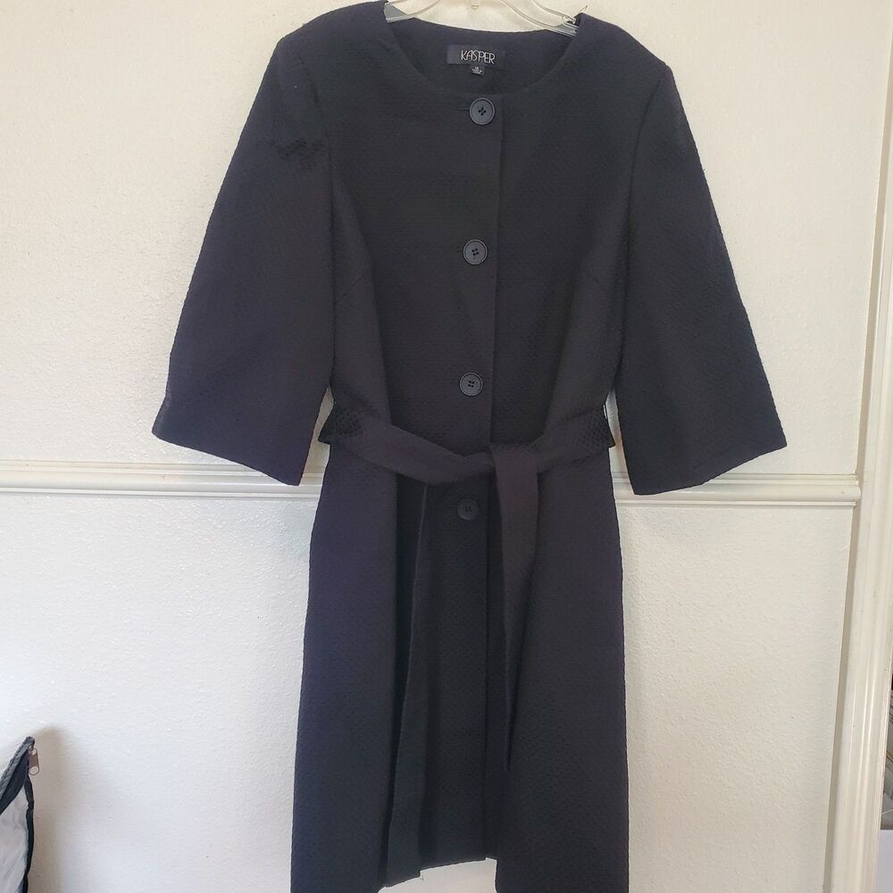 Kasper Long Coat Collared Button Front‎ Removable Belt 3/4 Sleeve Lined Sz 14